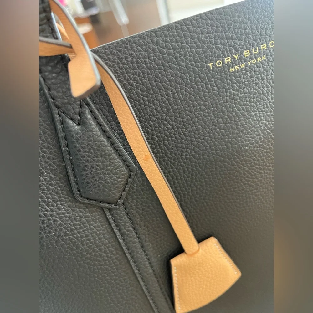 Tory Burch Black Leather Tote with Tan Accent